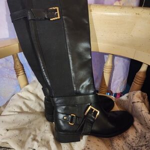 Ada Elegant Black Over the Knee Boots with Gold Accents